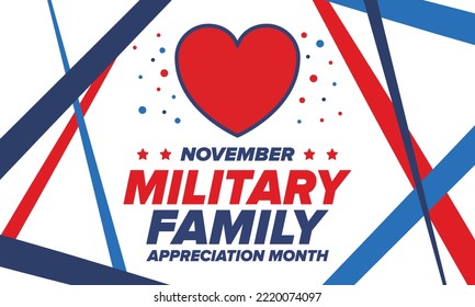 National Military Family Month in United States. Celebrate annual in November. Thank you for military family. Patriotic american elements. Poster, card, banner, background. Vector illustration