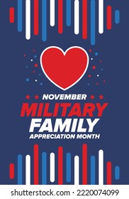 National Military Family Month in United States. Celebrate annual in November. Thank you for military family. Patriotic american elements. Poster, card, banner, background. Vector illustration