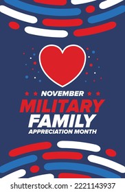 National Military Family Month in United States. Celebrate annual in November. Thank you for military family. Patriotic american elements. Poster, card, banner, background. Vector illustration