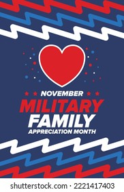 National Military Family Month in United States. Celebrate annual in November. Thank you for military family. Patriotic american elements. Poster, card, banner, background. Vector illustration