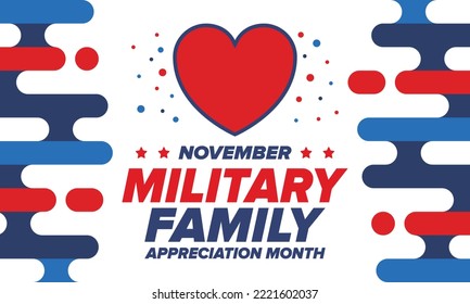 National Military Family Month in United States. Celebrate annual in November. Thank you for military family. Patriotic american elements. Poster, card, banner, background. Vector illustration