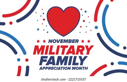 National Military Family Month in United States. Celebrate annual in November. Thank you for military family. Patriotic american elements. Poster, card, banner, background. Vector illustration