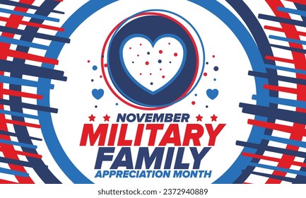 National Military Family Month in United States. Celebrate annual in November. Thank you for military family. Patriotic american elements. Poster, card, banner, background. Vector illustration
