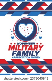 National Military Family Month in United States. Celebrate annual in November. Thank you for military family. Patriotic american elements. Poster, card, banner, background. Vector illustration