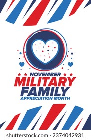 National Military Family Month in United States. Celebrate annual in November. Thank you for military family. Patriotic american elements. Poster, card, banner, background. Vector illustration