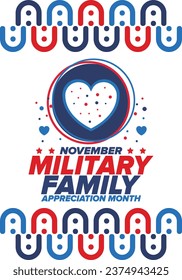 National Military Family Month in United States. Celebrate annual in November. Thank you for military family. Patriotic american elements. Poster, card, banner, background. Vector illustration