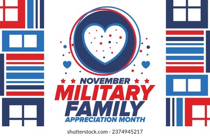 National Military Family Month in United States. Celebrate annual in November. Thank you for military family. Patriotic american elements. Poster, card, banner, background. Vector illustration
