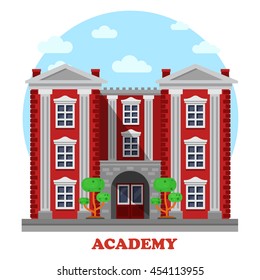 National military or science academy for secondary or higher education or study facade of building with columns and steps, trees or bushes side view panorama