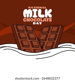Dia Nacional do Chocolate ao Leite para comemorar em 28 de julho. Duas deliciosas barras de chocolate mergulhadas em leite branco sobre fundo marrom escuro. Banner de evento de sobremesa