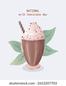 National milk chocolate day greeting card template watercolor illustration. Drawing of chocolate milk shake ice with leaf background in simple and clean style for poster, design, asset