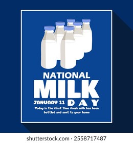 National Milk Day to celebrate on January 11th. Milk bottles neatly arranged in frame on dark blue background. Drink event banner.