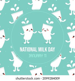 National Milk Day greeting card, illustration with cute cartoon style couple of dancing milk glass characters and seamless pattern background. January 11.