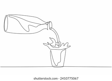 National Milk Day. One continuous line drawing of a milk in the bottle poured into the glass and make a milk splash. Template of poster, banner, and flyer to drink milk for healthy body campaign