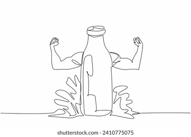 Día Nacional de la Leche. Un dibujo de una sola línea de leche salpicada por encima de la leche del frasco con los brazos levantados de puño muscular fuerte. La bebida saludable y nutritiva ayuda a construir su cuerpo. Dibujo de líneas continuas