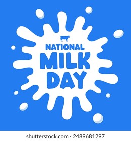 National milk day poster with cow silhouette isolated on blue background 