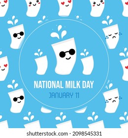 National Milk Day vector cartoon greeting card, illustration with glasses of milk characters and seamless pattern background. January 11.
