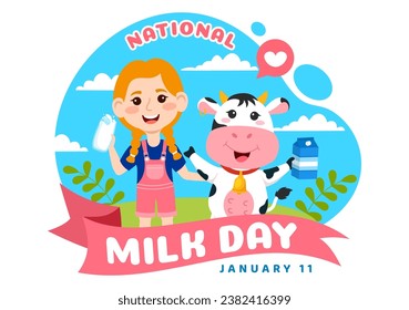 National Milk Day Vector Illustration on 11 January with Milks Drinks and Cow for Poster or Landing Page in Holiday Celebration Kids Cartoon Background