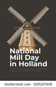 National mill day in Holland. Symbol of Netherlands. Hand drawn windmill on black background. Can be used for postcards and tourist booklets. Vector illustration.