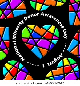 National Minority Donor Awareness Day event charity banner. A heart with a combination of colorful colors with bold text on black background to commemorate on August 1st