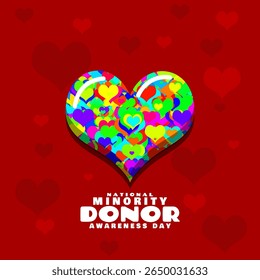 National Minority Donor Awareness Day to celebrate on August 1st. Illustration of a heart filled with small to full colored hearts on dark red background. Health event banner.