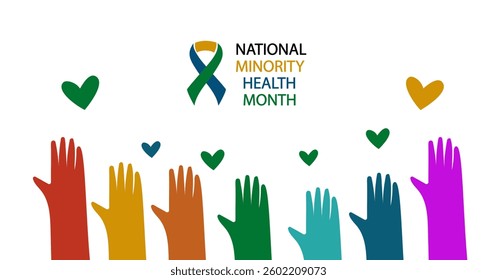 national minority health month banner. national health month. Diverse hands symbolizing equity, support and well-being for healthcare promotion.  vector illustration