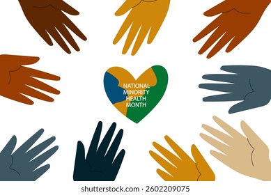 national minority health month banner. national health month. Diverse hands symbolizing equity, support and well-being for healthcare promotion.  vector illustration