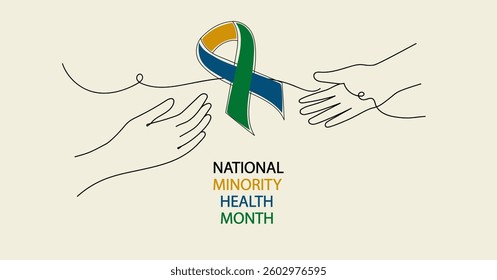 national minority health month banner. national health month. Diverse hands symbolizing equity, support and well-being for healthcare promotion.  vector illustration