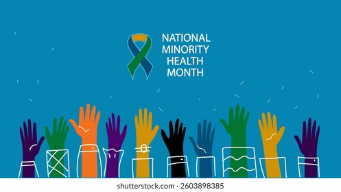 national minority health month banner. national health month. Diverse hands symbolizing equity, support and well-being for healthcare promotion.  vector illustration