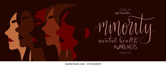 National minority mental health awareness month July poster. Female person of color illustration. Handwritten brush lettering vector