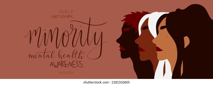 National minority mental health awareness month July poster. Female person of color illustration. Handwritten brush lettering vector