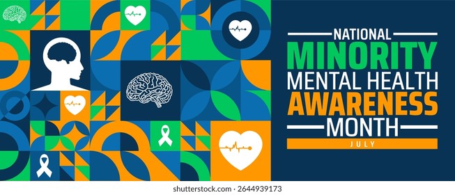 National Minority Mental Health Awareness Month Geometric shape pattern background banner or poster design template. observed every year in july. Holiday concept. Use to any Template, card, poster.