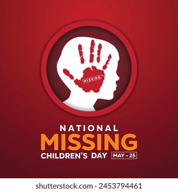 National Missing Childrens Day. Children and hand. Great for cards, banners, posters, social media and more. Red background.

