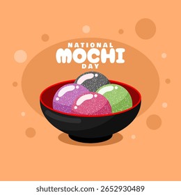 National Mochi Day to celebrate on August 8th. Colorful round mochi cakes in a black bowl on a beige background. Food event banner.