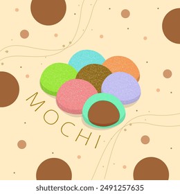 National Mochi Day event food banner. Delicious Japanese cake called mochi which usually contains peanuts on a bright brown background to celebrate on August 8th