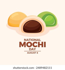 National Mochi Day poster vector illustration. Sweet japanese rice cake icon vector. Brown, green and yellow mochi cake drawing. Template for background, banner, card. August 8 every year