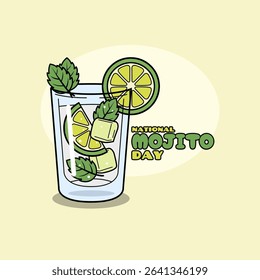 National Mojito Day to celebrate on July 11th. A Classic minty cocktail made from a mixture of white rum, lime juice, sugar, mint leaves, and sparkling water on a bright yellow background. 