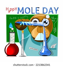 National Mole Day, October 23rd, Vector Illustration with scientist mole character, reaction tube, bubble, and formula on board