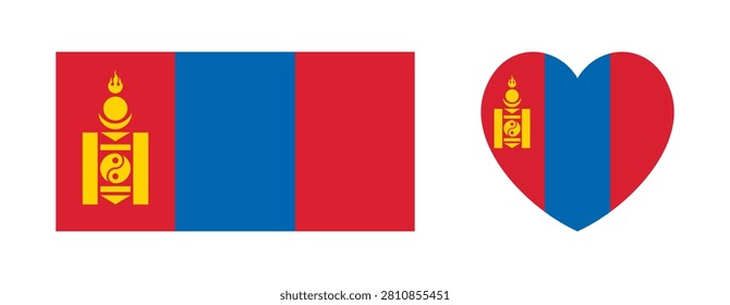 National Mongolia flag heart, rectangle icon, button. National Mongolia flag rectangular, heart shaped sticker, banner.