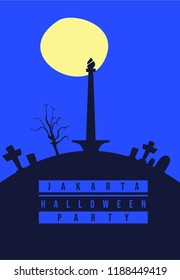 National Monument in Jakarta surrounded by gravestones under full moon isolated on dark background. Halloween background, vector illustration