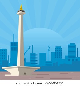 National Monument in Jakarta and urban view vector illustration. Monas Jakarta Vector Illustration. Jakarta City Sky Line View vector.