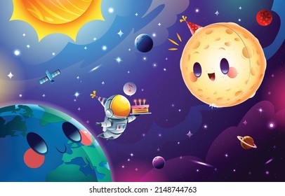 National Moon Day with an Astronaut Celebrating Moon's Birthday by Giving a Cake Vector.