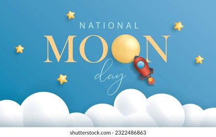 National moon day banner with moon, stars, cloud and rocket.