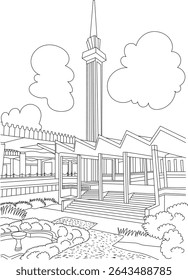 National Mosque of Malaysia Line Art, Black and white line drawing illustration of the National Mosque (Masjid Negara) in Kuala Lumpur, Malaysia, featuring its distinct architecture, minaret, and