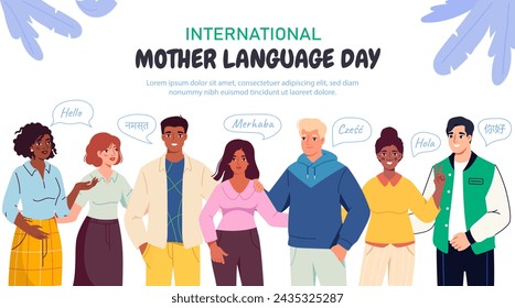 National mother Language Day poster. Men and women. International holiday and festival. Love, care and support. Good relations in family. Cartoon flat vector illustration isolated on white background