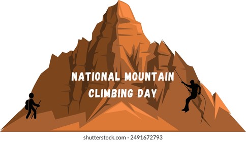 Anuncio de fondo del día nacional de la escalada en la montaña dos Hombre joven que sube en una montaña con el valle ancho en un lugar elegante. Día Nacional de Escalada de Montaña en la Lista de Días Importantes Agosto 2024 Vector i