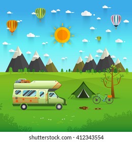 National mountain park camping scene with family trailer caravan . Campsite place landscape with RV traveler truck, tent,bike, campfire, Hiking journey vacation concept.vector illustration