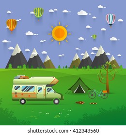 National mountain park camping scene with family trailer caravan . Campsite place landscape with RV traveler truck, tent,bike, campfire, Hiking journey vacation concept.vector illustration