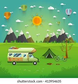 National mountain park camping scene with family trailer caravan . Campsite place landscape with RV traveler truck, tent,bike, campfire, Hiking journey vacation concept.vector illustration