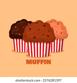 National Muffin Day to celebrate on February 20th. Three muffins with different flavors on beige background. Food event banner.