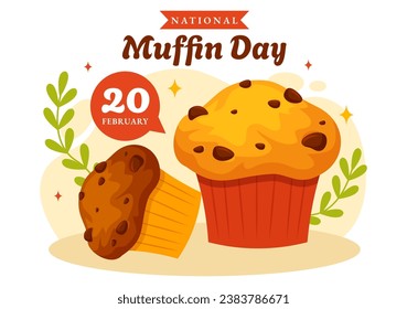 Ilustración vectorial del Día del Muffin Nacional el 20 de febrero con Muffins clásicos de la comida de chocolate deliciosos en caricatura plana Ilustración